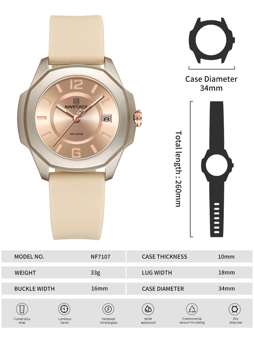 NF7107 Biege Silicon Strap luminous hands Analog Watch