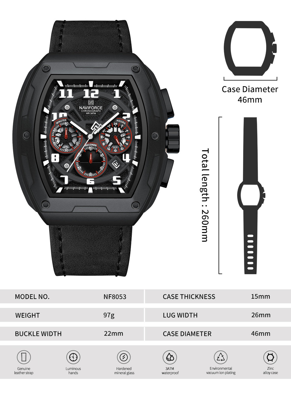 Naviforce NF8053 Black genuine leather strap Analog Watch