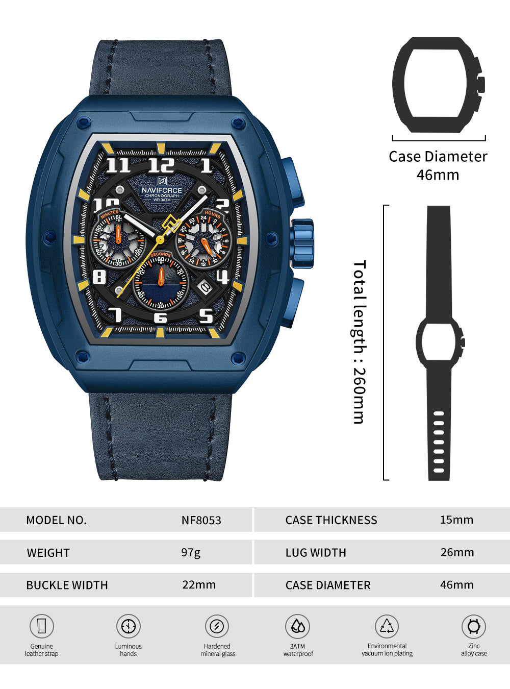 Naviforce NF8053 Blue genuine leather strap Analog Watch