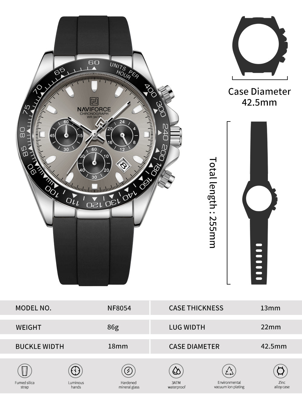 Naviforce NF8054 Grey Dial With Black Silicon Strap Analog watch