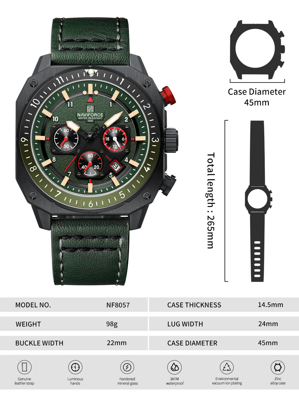 Naviforce NF8057 Green Leather Strap Analog Watch