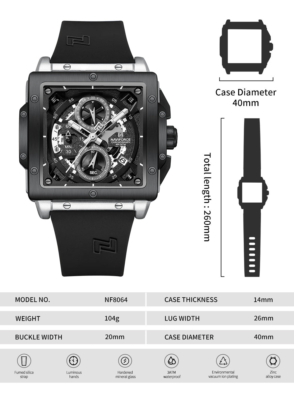 Naviforce NF8064 Elegant Square Silver-Black dial Analog watch