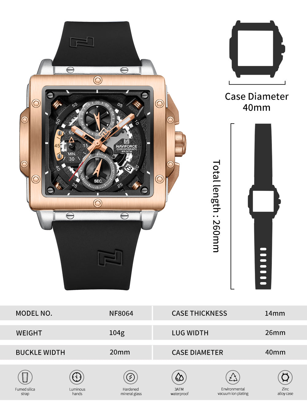 Naviforce NF8064 Elegant Square Silver-Black dial Analog watch