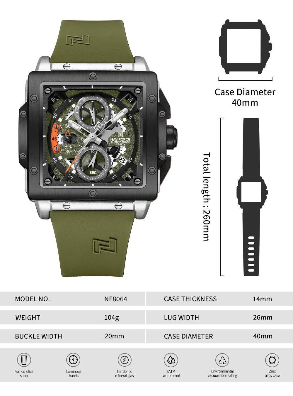 Naviforce NF8064 Elegant Square Silver-Green dial Analog watch