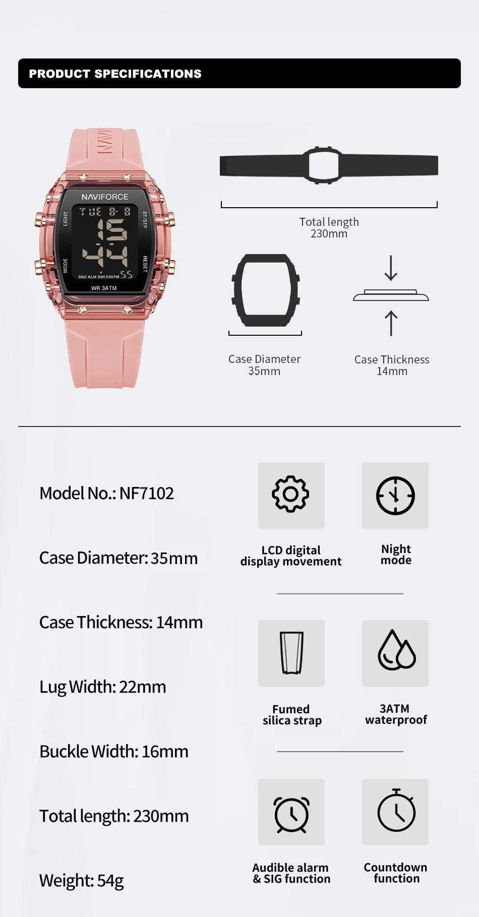 NF7102 Pink Silicone Strap Electronic Digital Watch