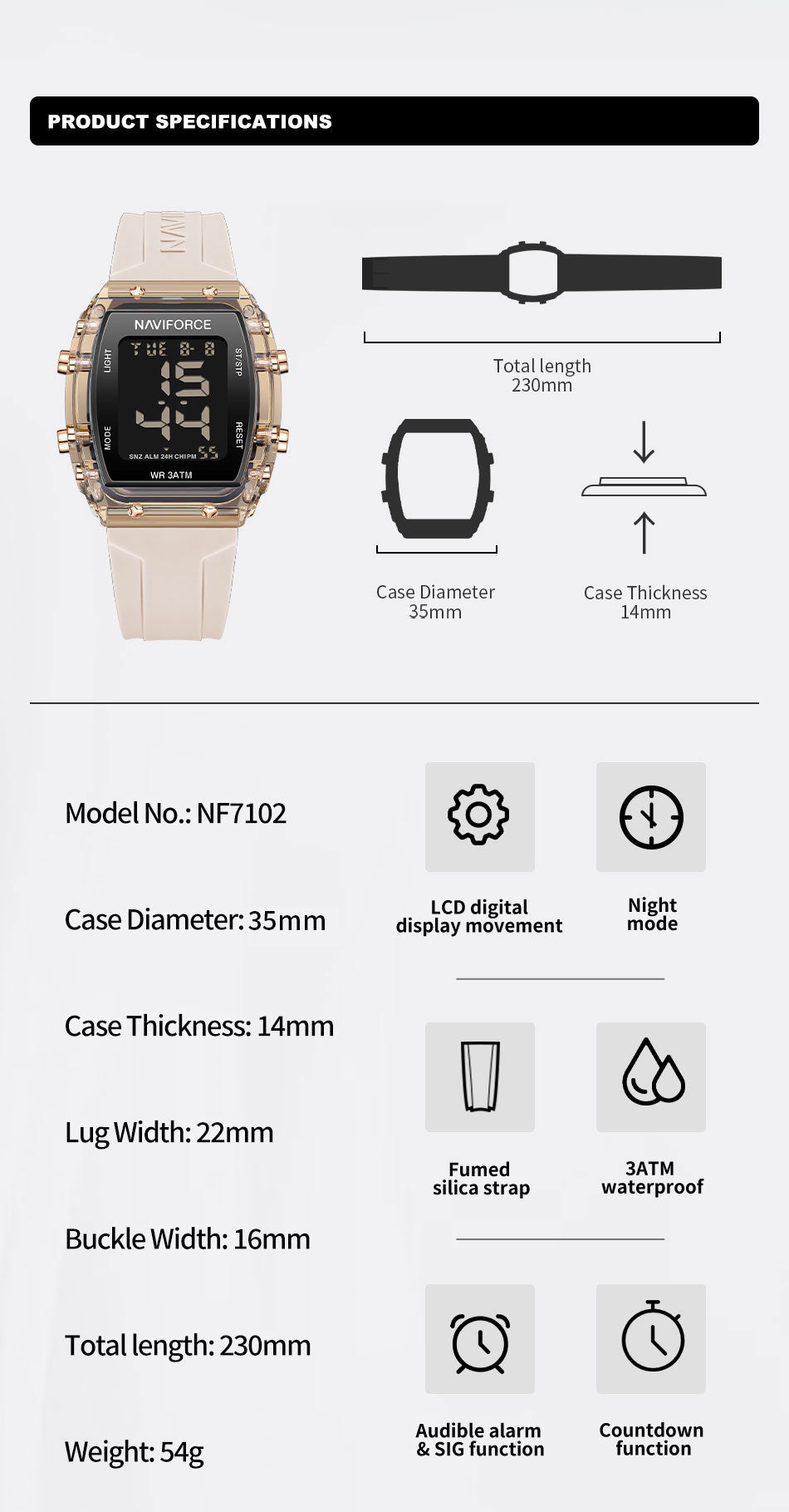NF7102 Biege Silicone Strap Electronic Digital Watch