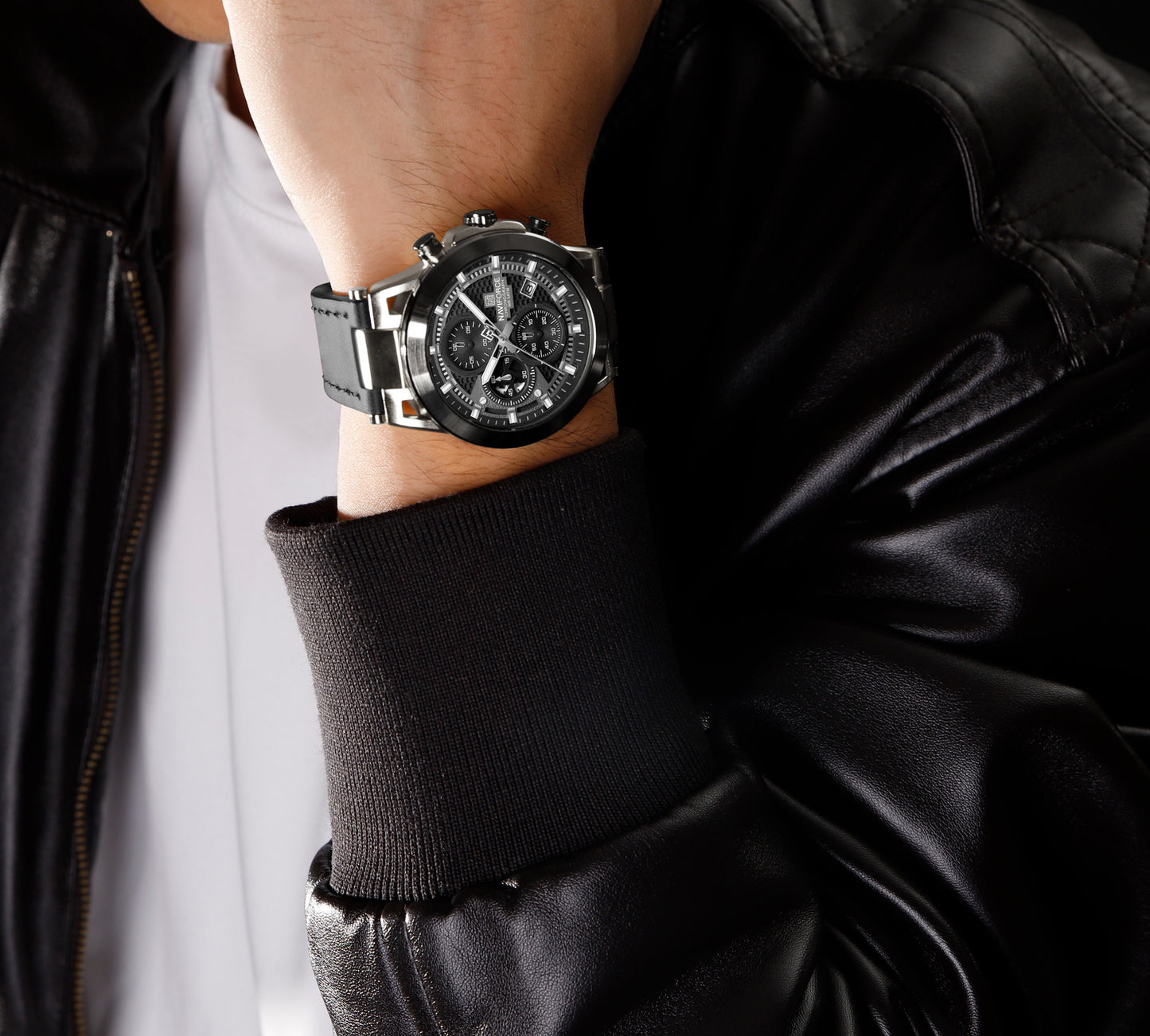 Naviforce NF8073 Unique Silver-Black Genuine Leather Analog Watch