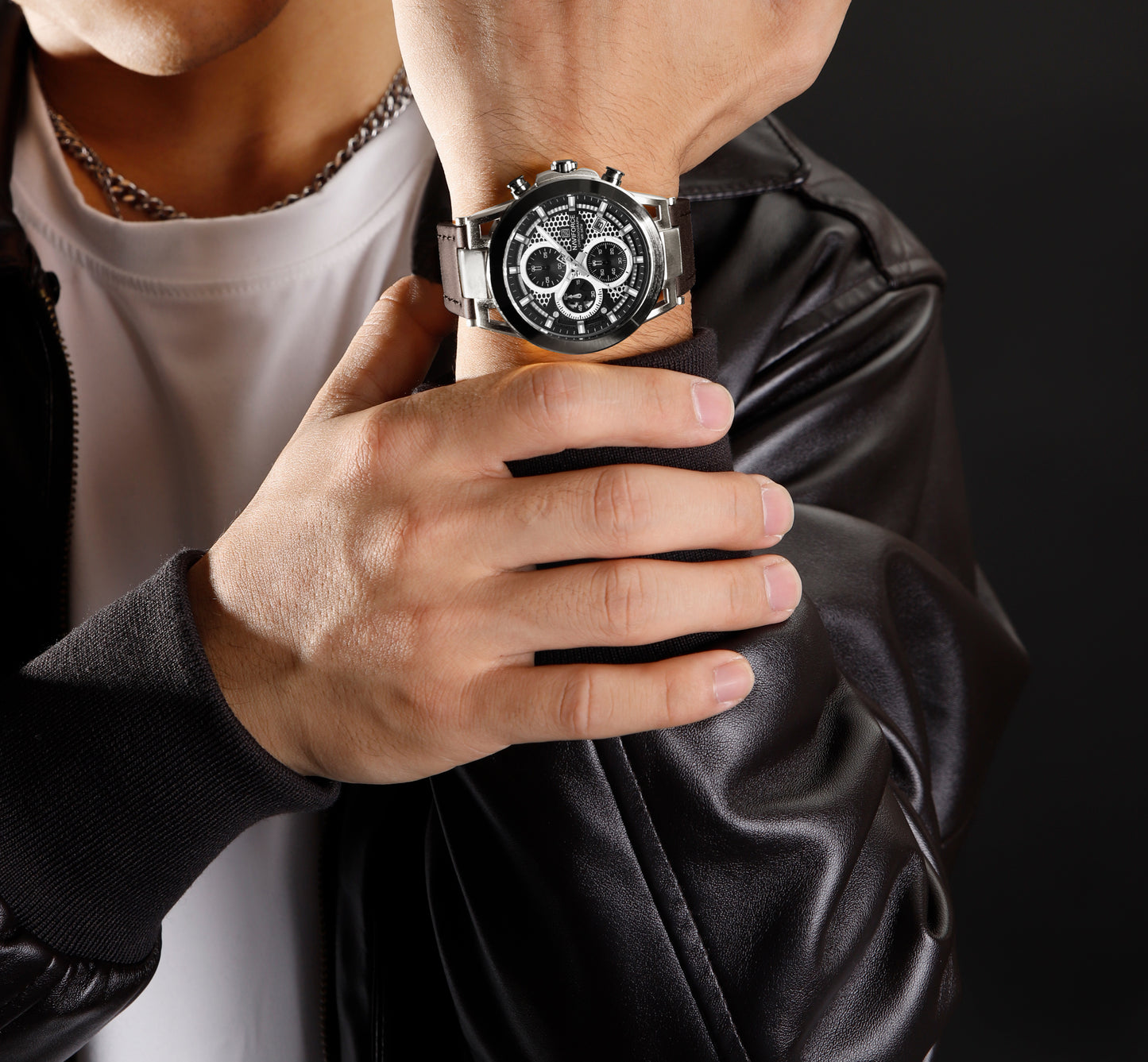 Naviforce NF8073 Unique Silver-Brown Genuine Leather Analog Watch