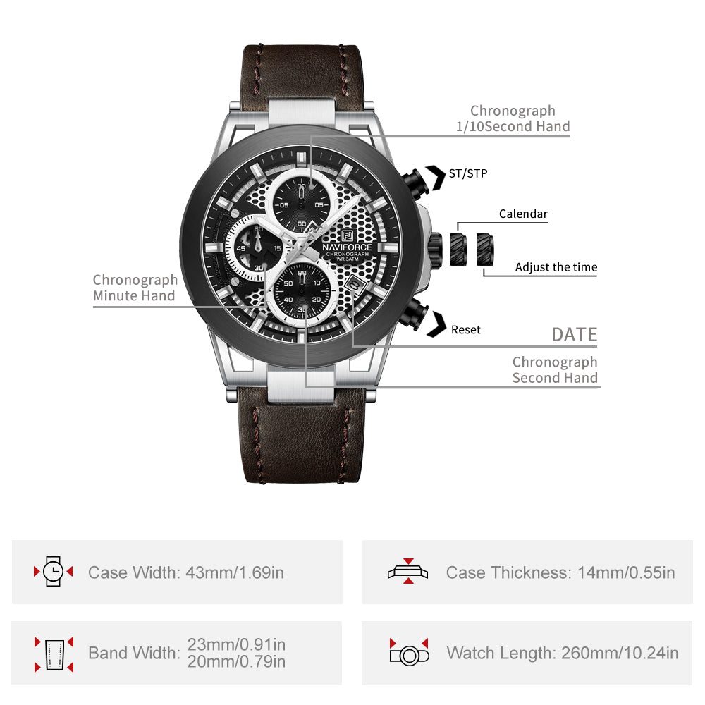 Naviforce NF8073 Unique Silver-Brown Genuine Leather Analog Watch