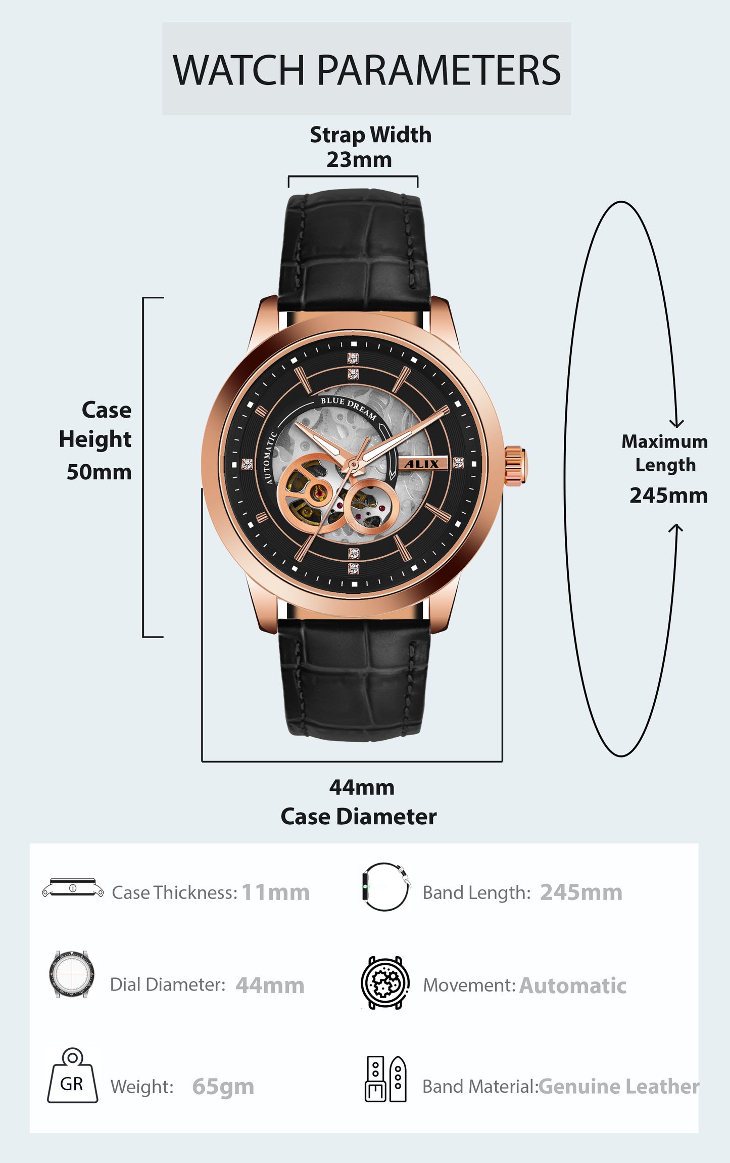 Al2910 Black Leather Strap Automatic Analog Watch