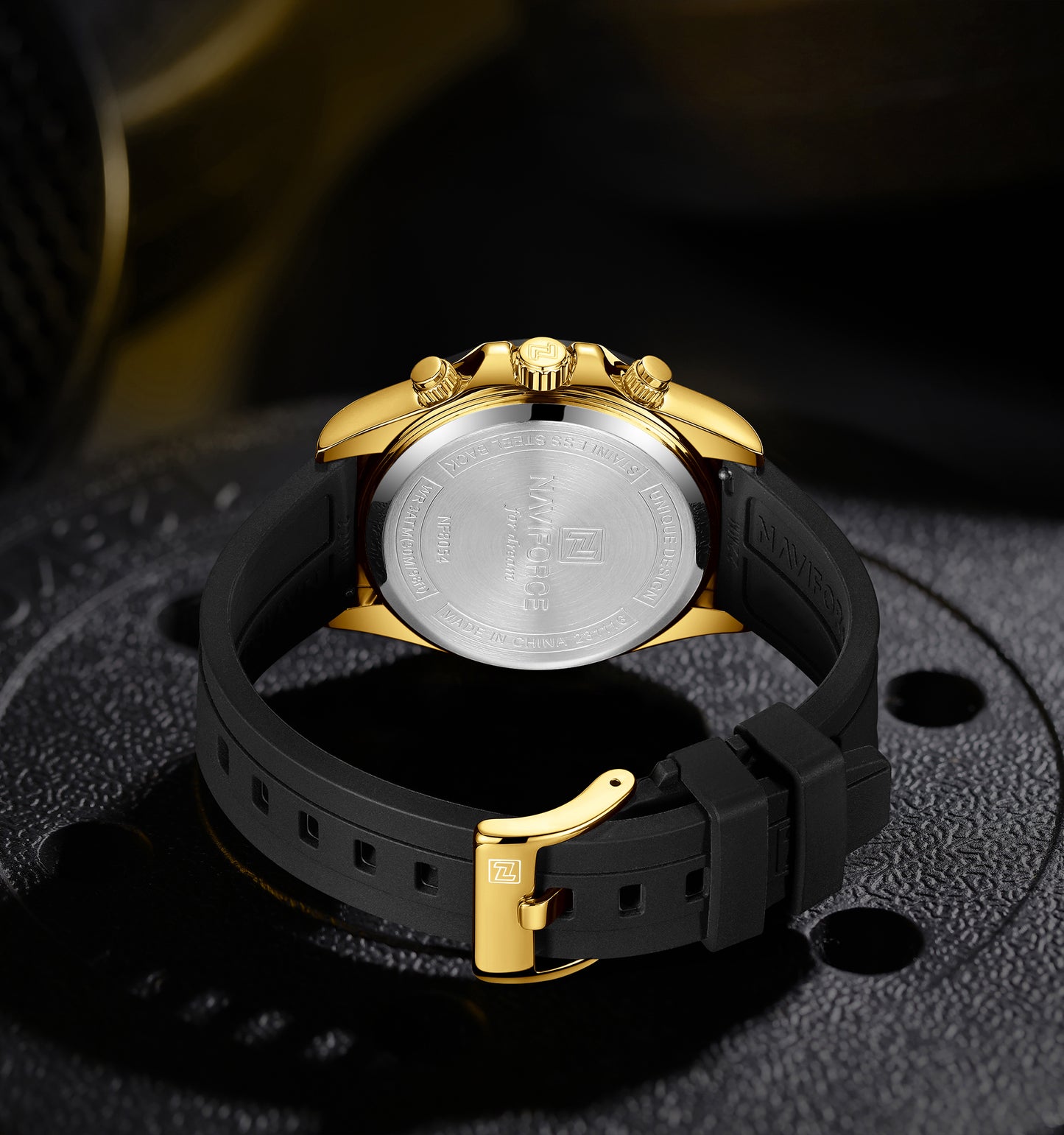 Naviforce NF8054 Gold Dial With Black Silicon Strap Analog watch
