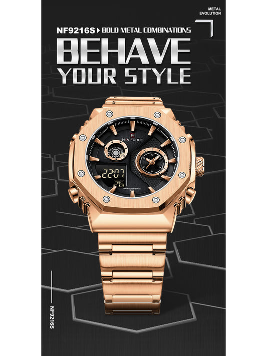 NF9216 Rosegold-Black digital - analog chronograph watch for men's-NAVIFORCE