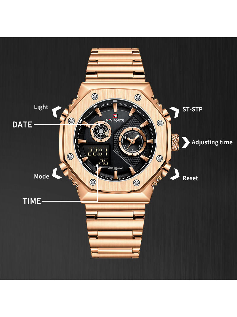 NF9216 Rosegold-Black digital - analog chronograph watch for men's-NAVIFORCE