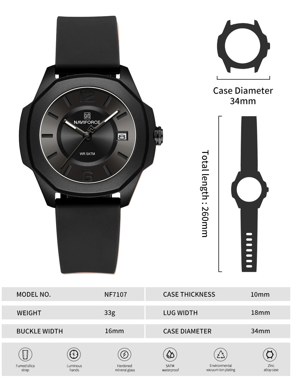 NF7107 Black Silicon Strap luminous hands Analog Watch