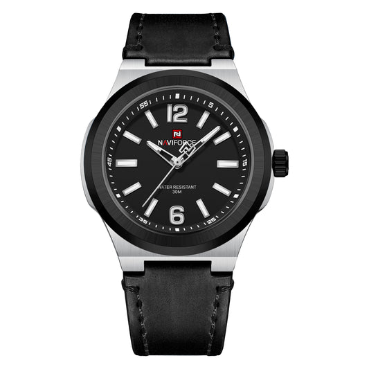 Naviforce NF9233 black and Silver with leather strap Analog Watch