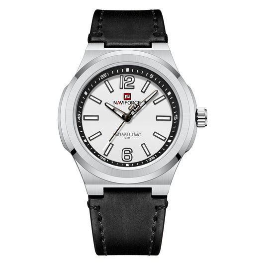 Naviforce NF9233 black and Silver with leather strap Analog Watch