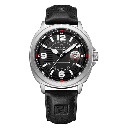 Naviforce NF8078 silver dial with black leather strap Analog Watch