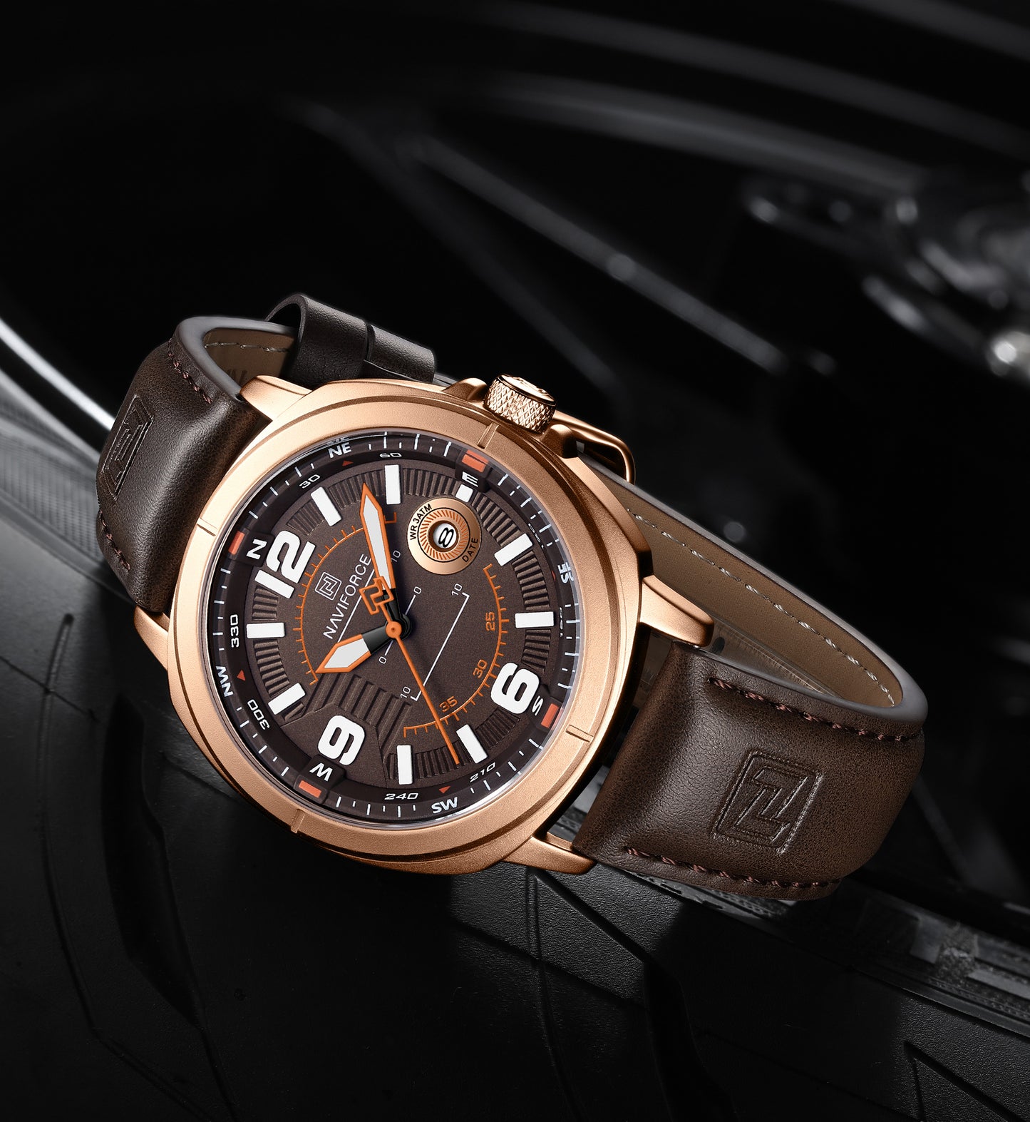 Naviforce NF8078 Rose Gold dial with brown leather strap Analog Watch
