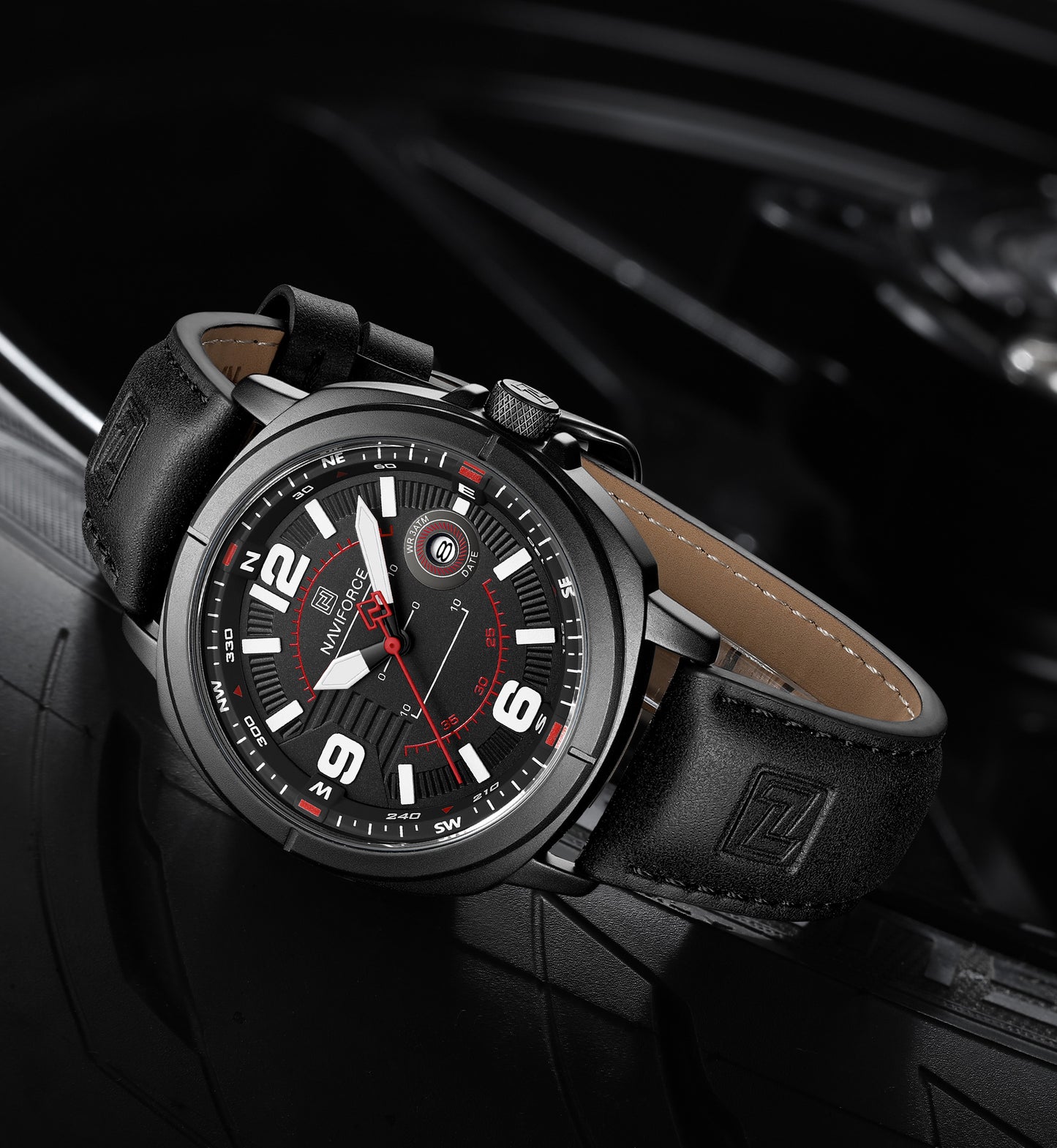 Naviforce NF8078 black dial with black leather strap Analog Watch
