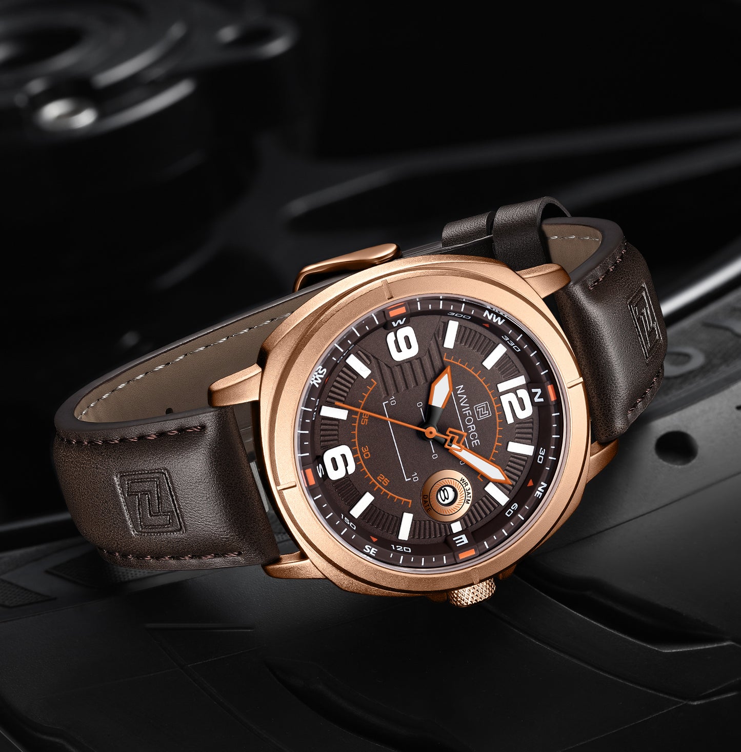Naviforce NF8078 Rose Gold dial with brown leather strap Analog Watch