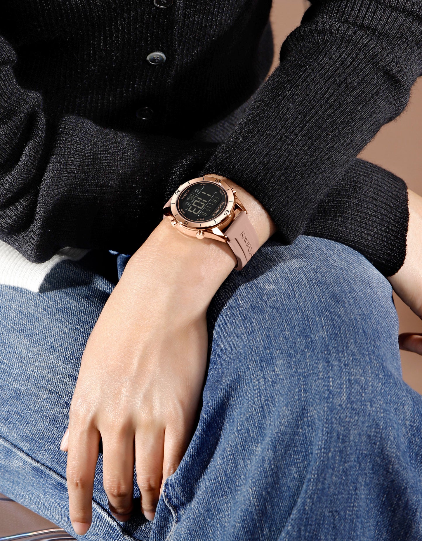 NF5054 Black&Rosegold Multifunctional LCD display Digital Watch