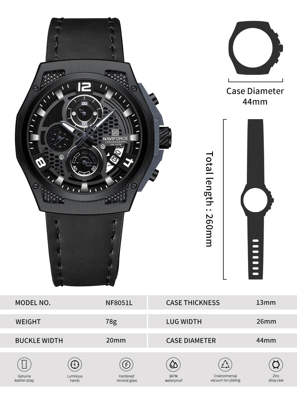 Naviforce NF8051L Black Genuine Leather Analog Watch