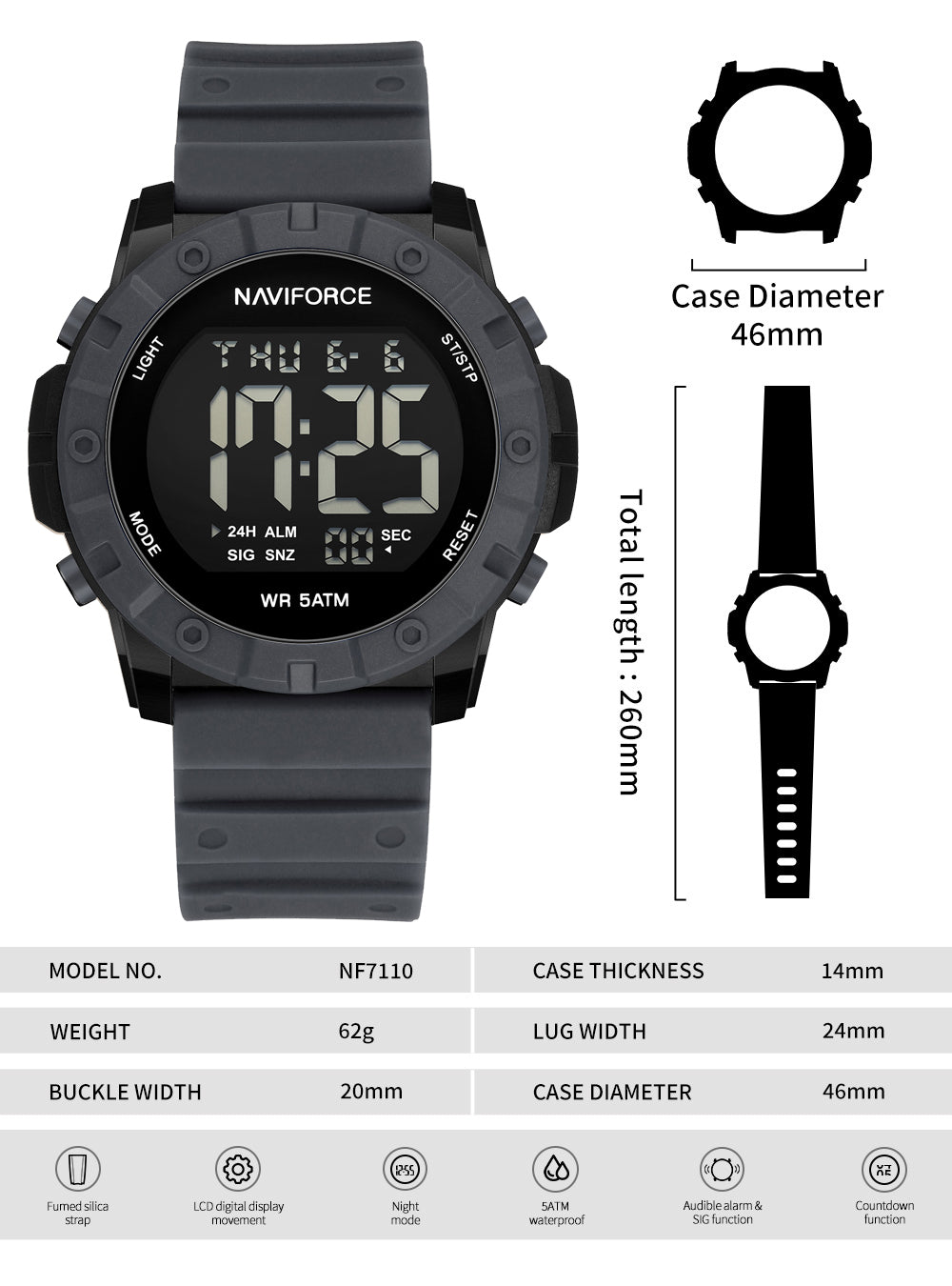 NF7110 Grey LCD Display Trendy Silicone Digital Watch