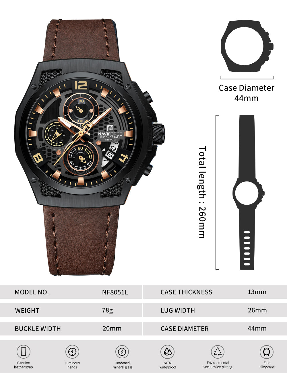 Naviforce NF8051L Brown Genuine Leather Analog Watch