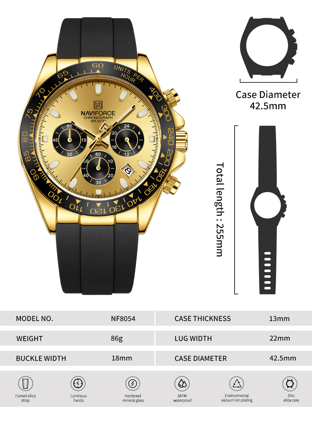 Naviforce NF8054 Gold Dial With Black Silicon Strap Analog watch