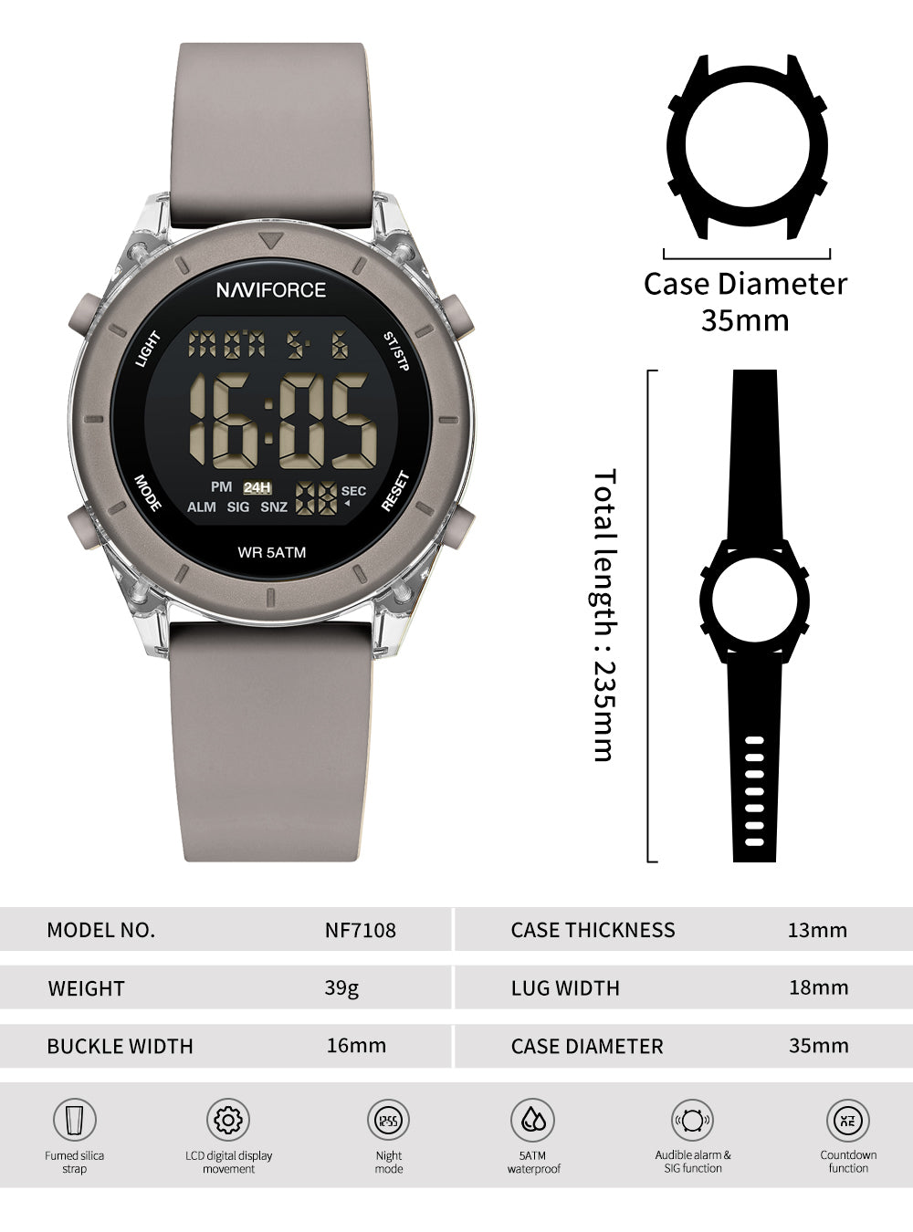 NF7108 Black round dial LCD display sports Digital Watch