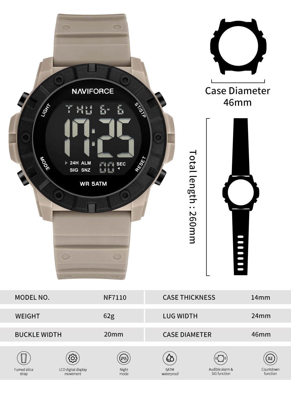 NF7110 Biege LCD Display Trendy Silicone Digital Watch