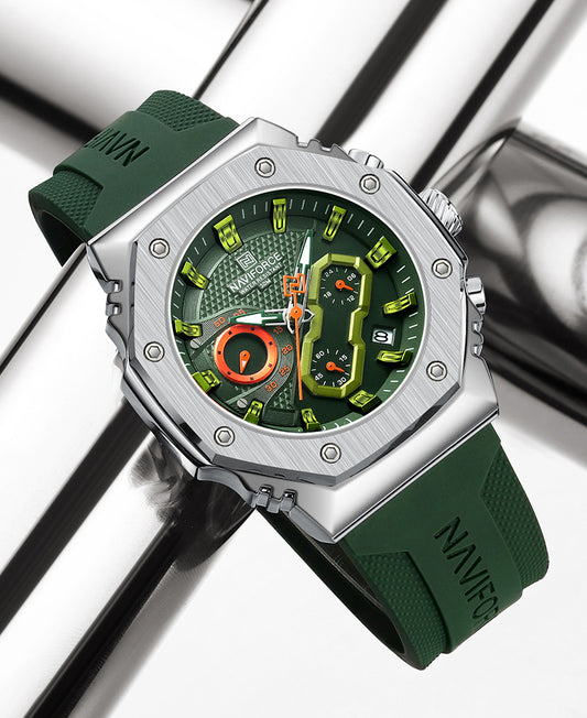 NF8035G Silver Green silicone strap analog chronograph watch for mens-NAVIFORCE