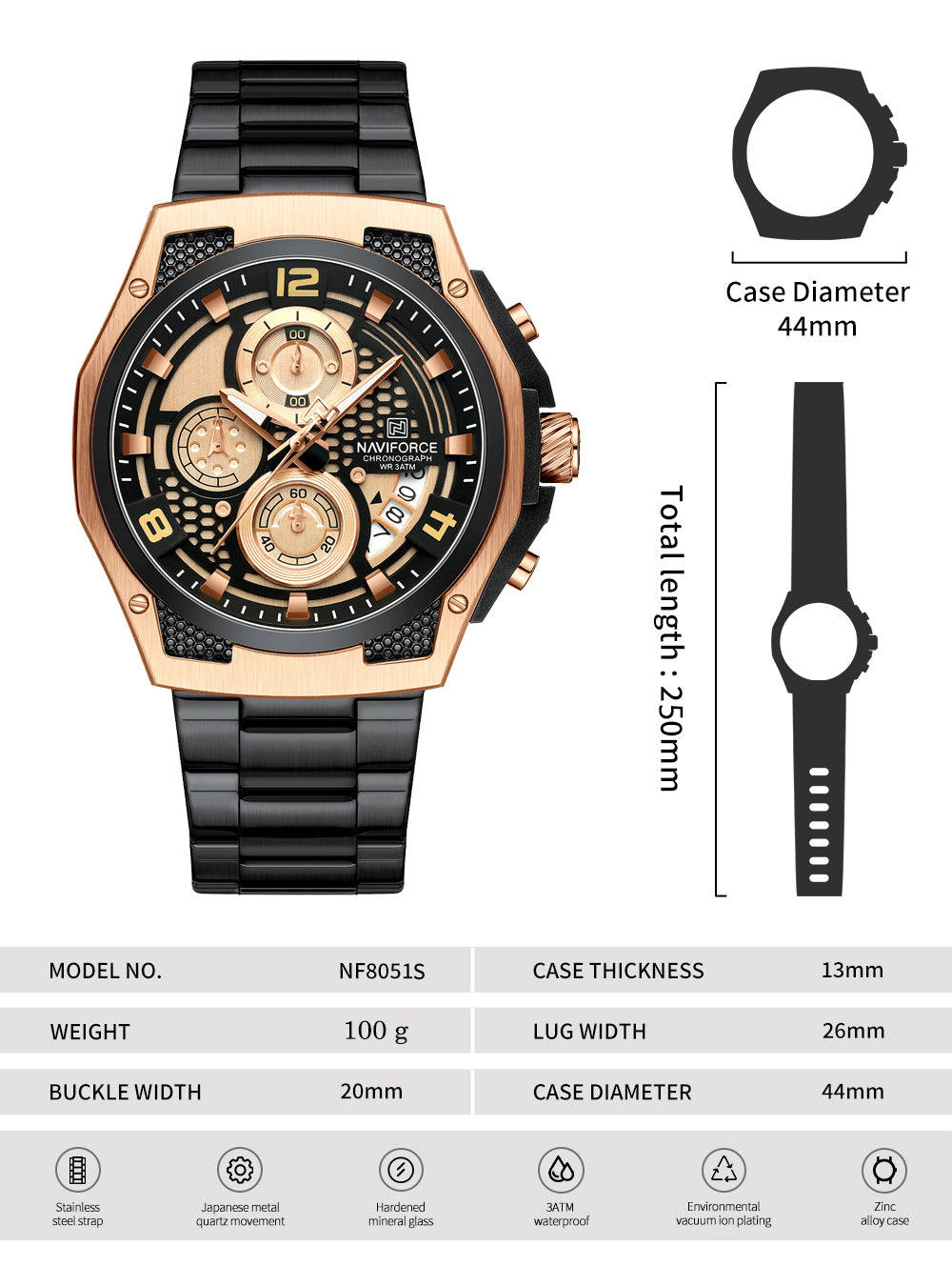 Naviforce NF8051S Elegant Rosegold Black stainless Steel strap Analog Watch
