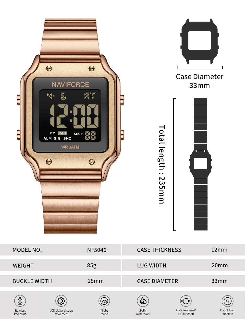 NF5046 Rosegold&Black Large Screen Business Casual Digital Watch