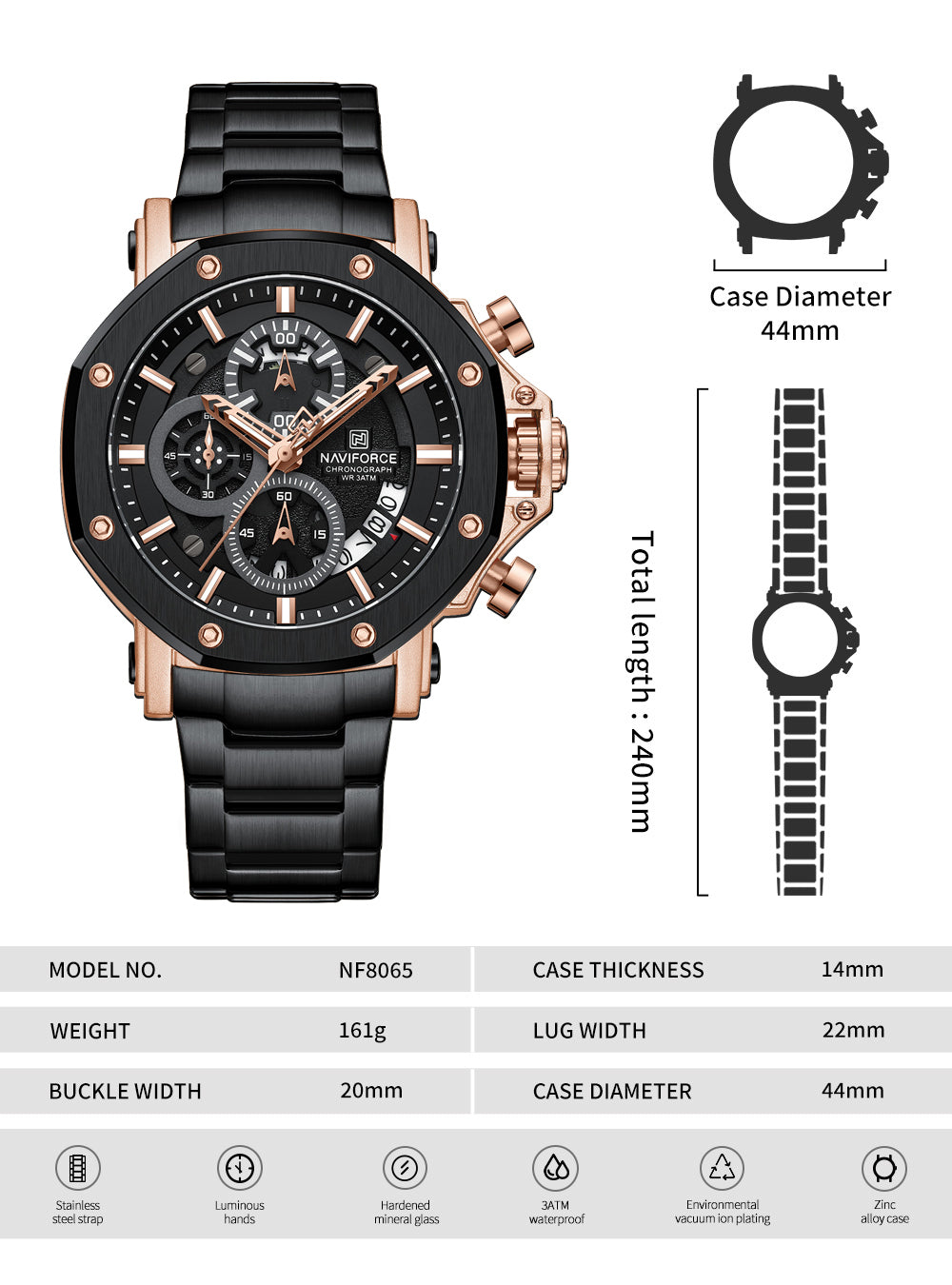Naviforce NF8065 Rosegold-Black Stainless Steel Analog watch