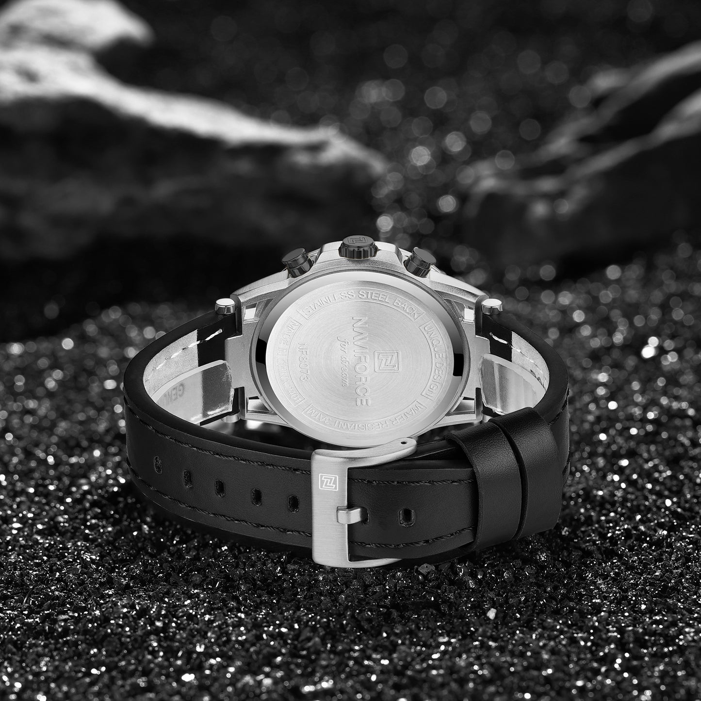 Naviforce NF8073 Unique Silver-Black Genuine Leather Analog Watch