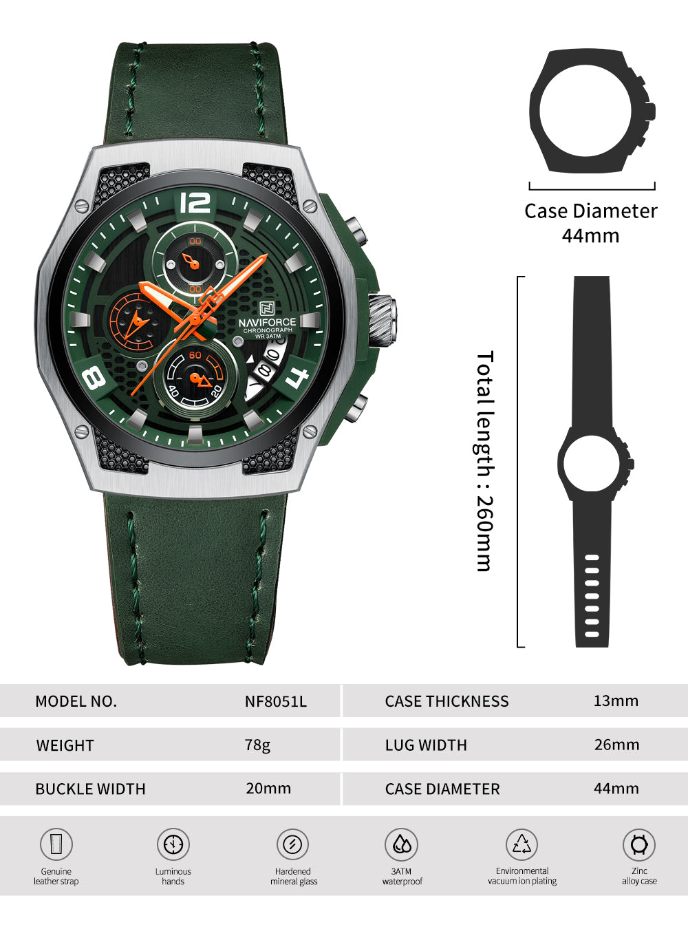 Naviforce NF8051L Green Genuine Leather Analog Watch