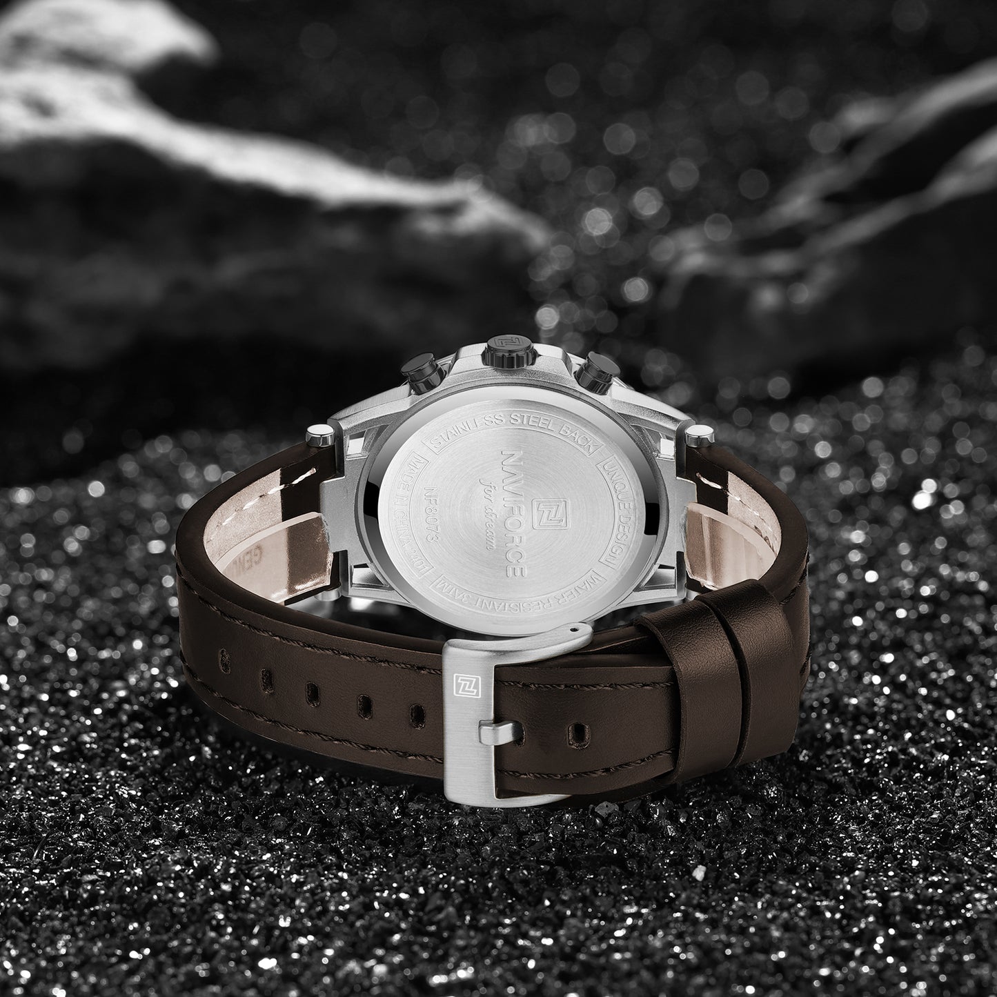 Naviforce NF8073 Unique Silver-Brown Genuine Leather Analog Watch