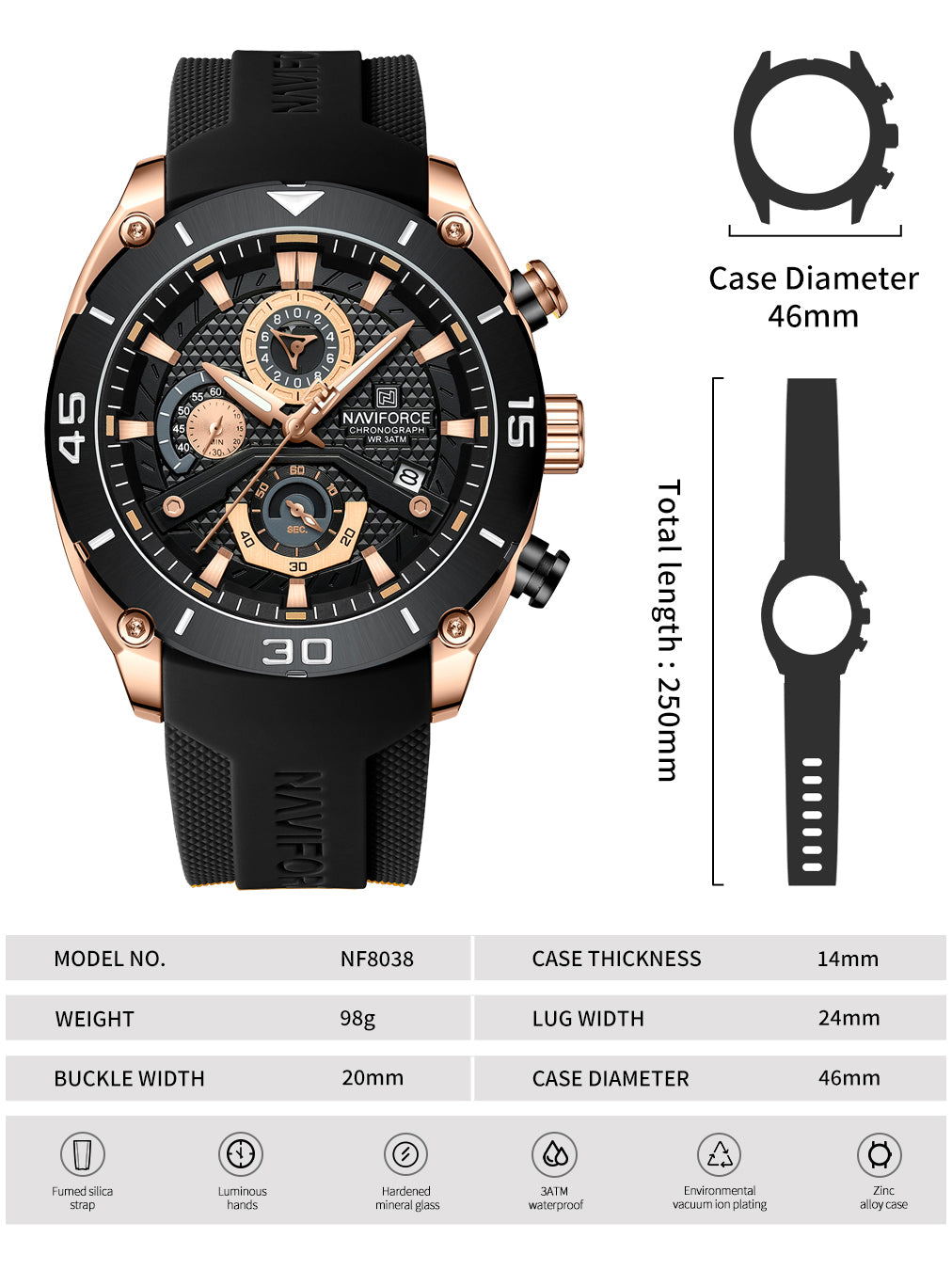 NF8038 Rosegold Black Multi-Function Chronograph men watch - NAVIFORCE