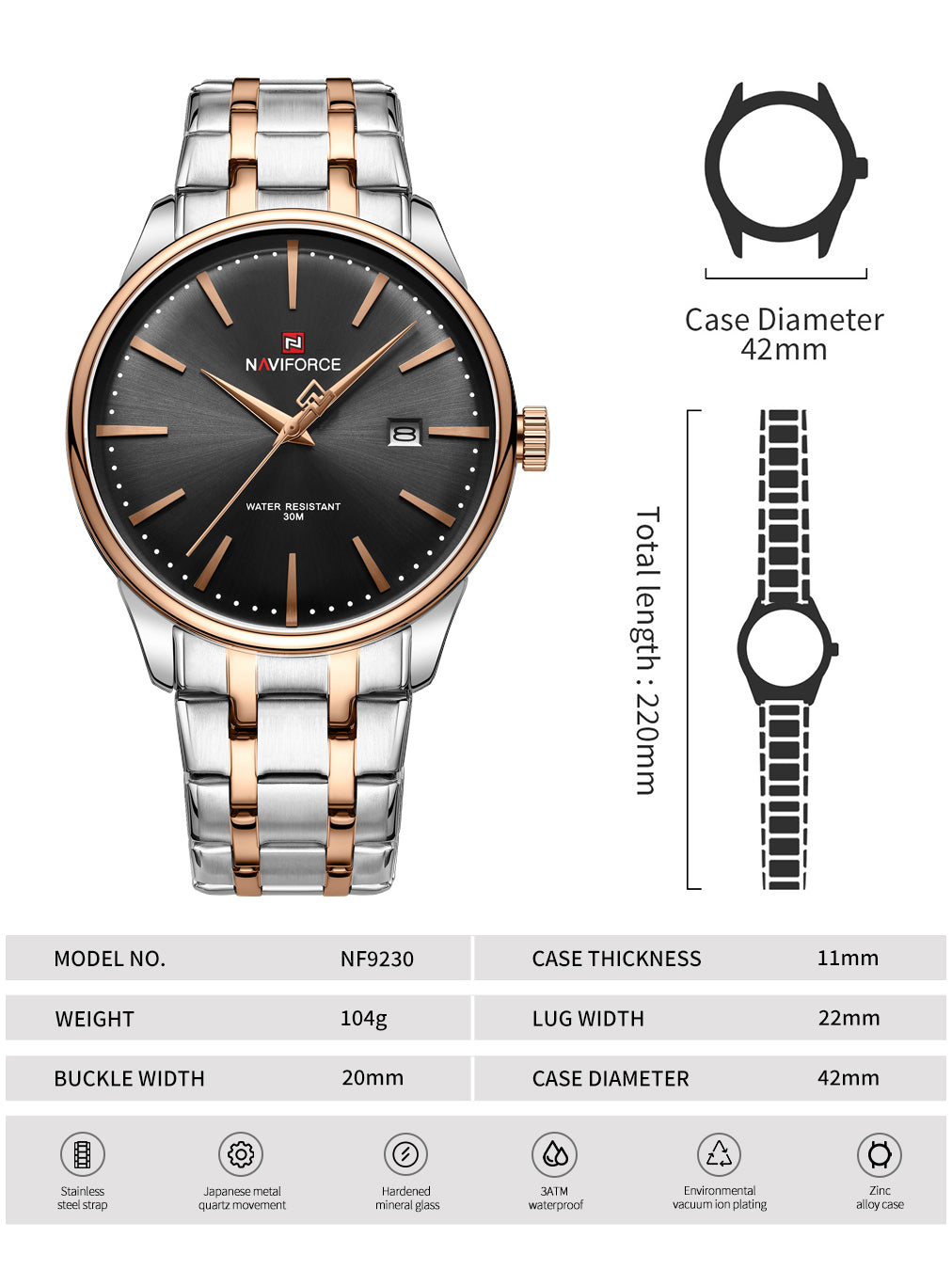Naviforce NF9230 Silver Black Gentle Elegant Calendar Analog Watch