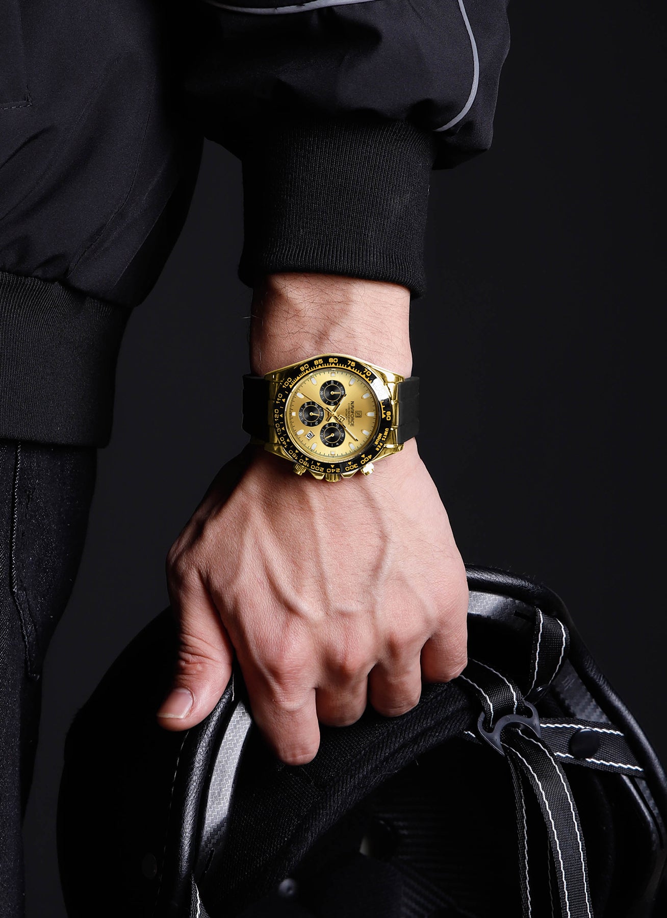 Naviforce NF8054 Gold Dial With Black Silicon Strap Analog watch
