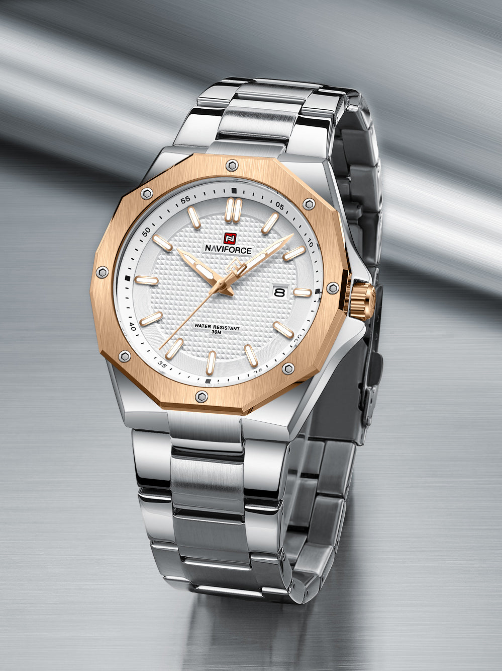 NF9200 Silver RoseGold analog with date watch for mens-NAVIFORCE