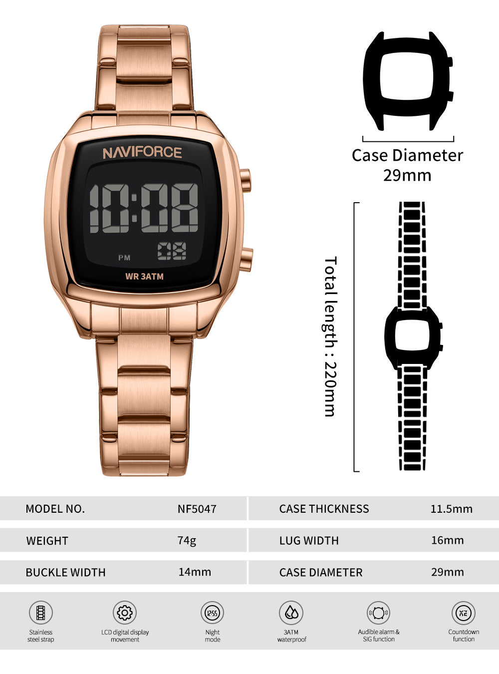 NF5047 All Rosegold Versatile Trendy Square Digital Watch