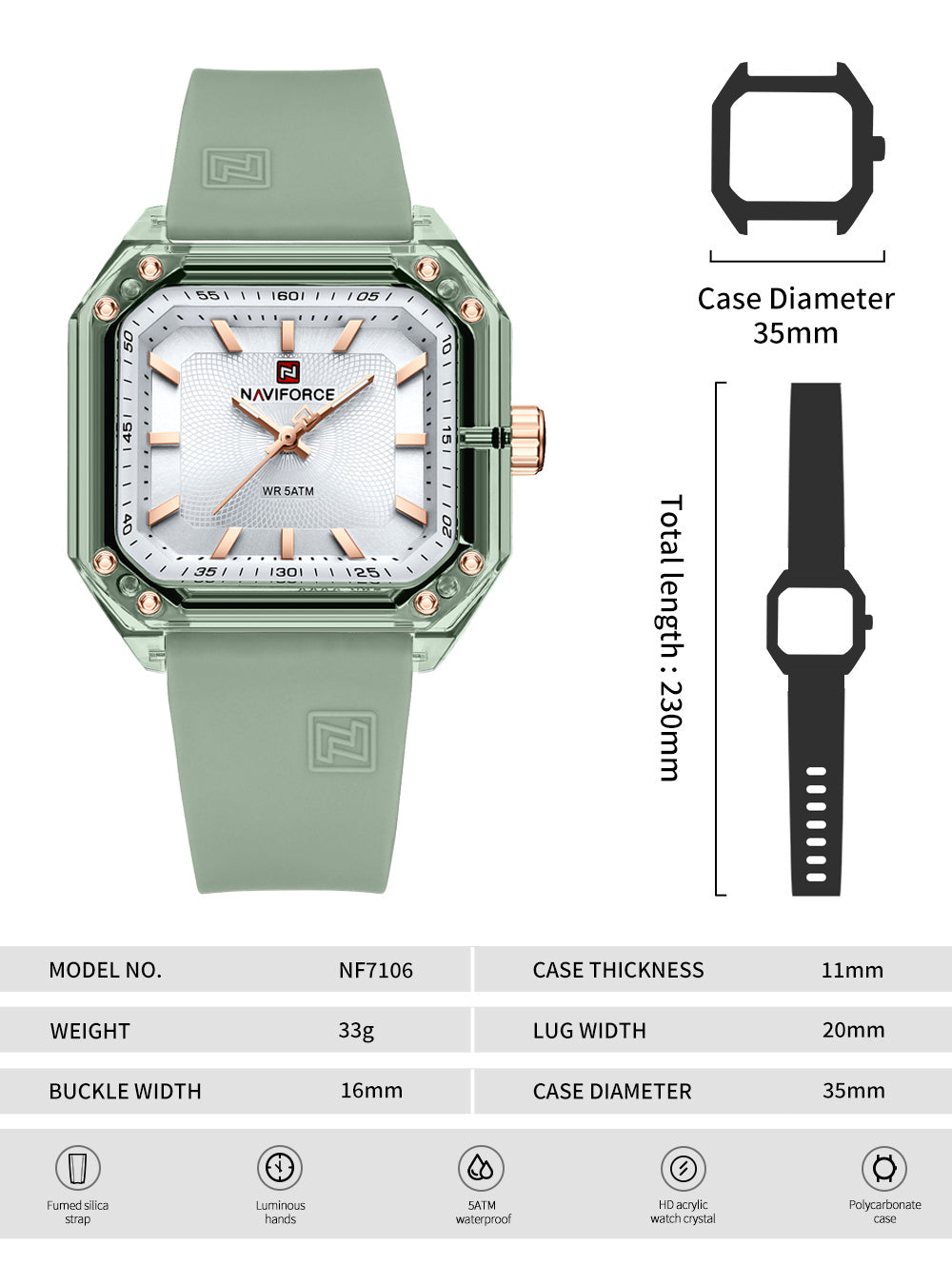 NF7106 Green Silicone strap Analog Watch