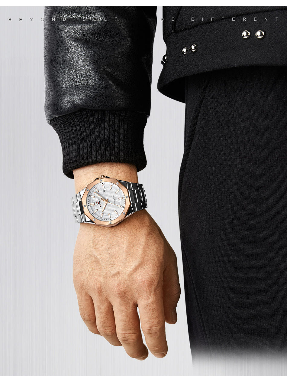 NF9200 Silver RoseGold analog with date watch for mens-NAVIFORCE