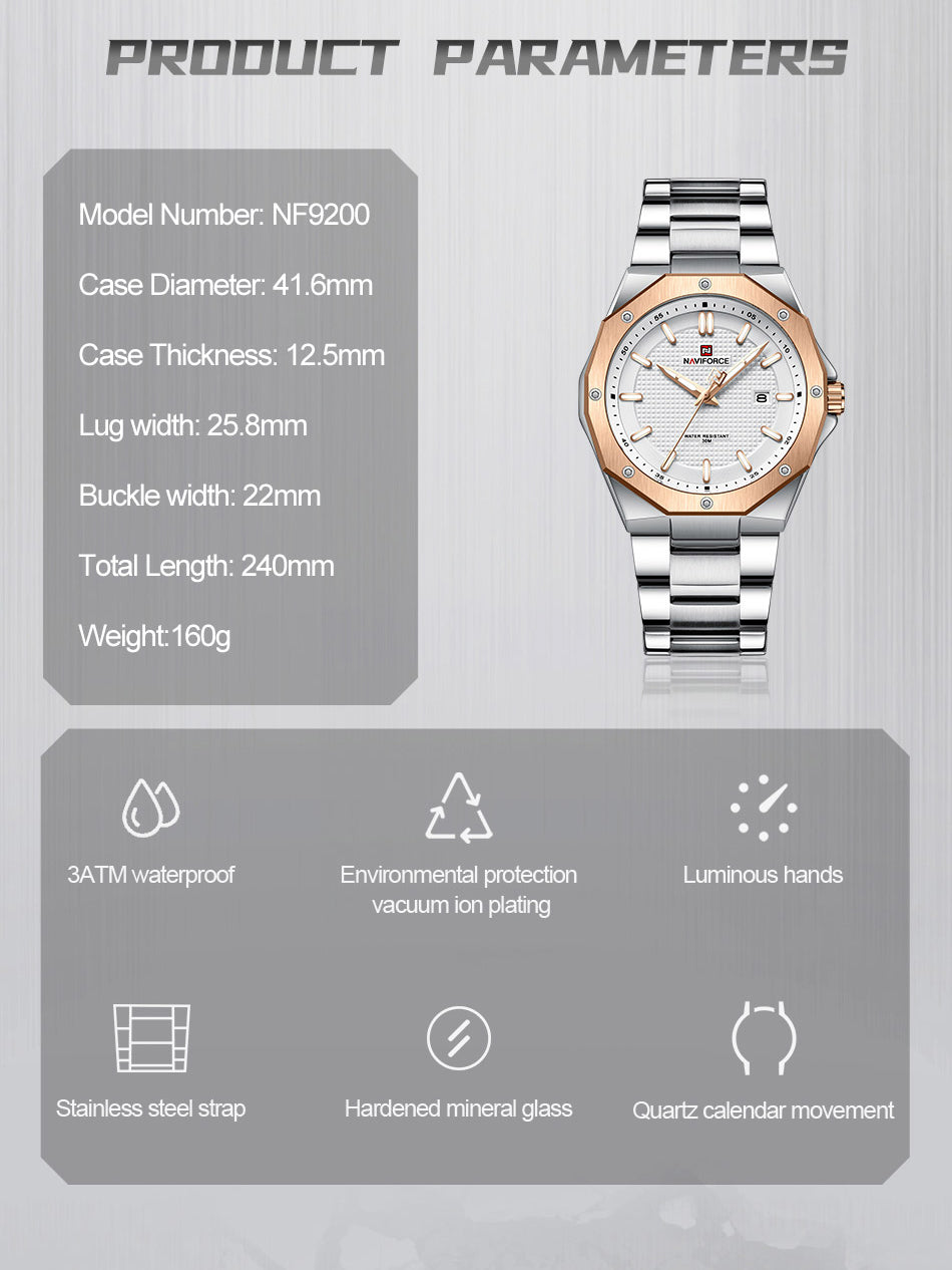NF9200 Silver RoseGold analog with date watch for mens-NAVIFORCE