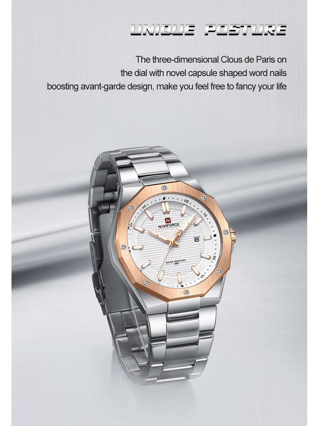 NF9200 Silver RoseGold analog with date watch for mens-NAVIFORCE