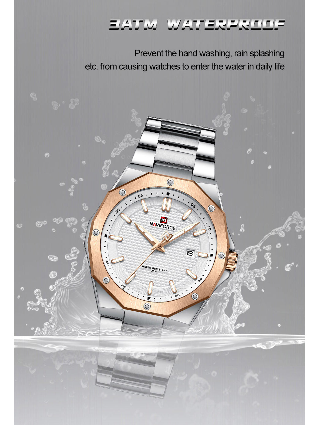 NF9200 Silver RoseGold analog with date watch for mens-NAVIFORCE