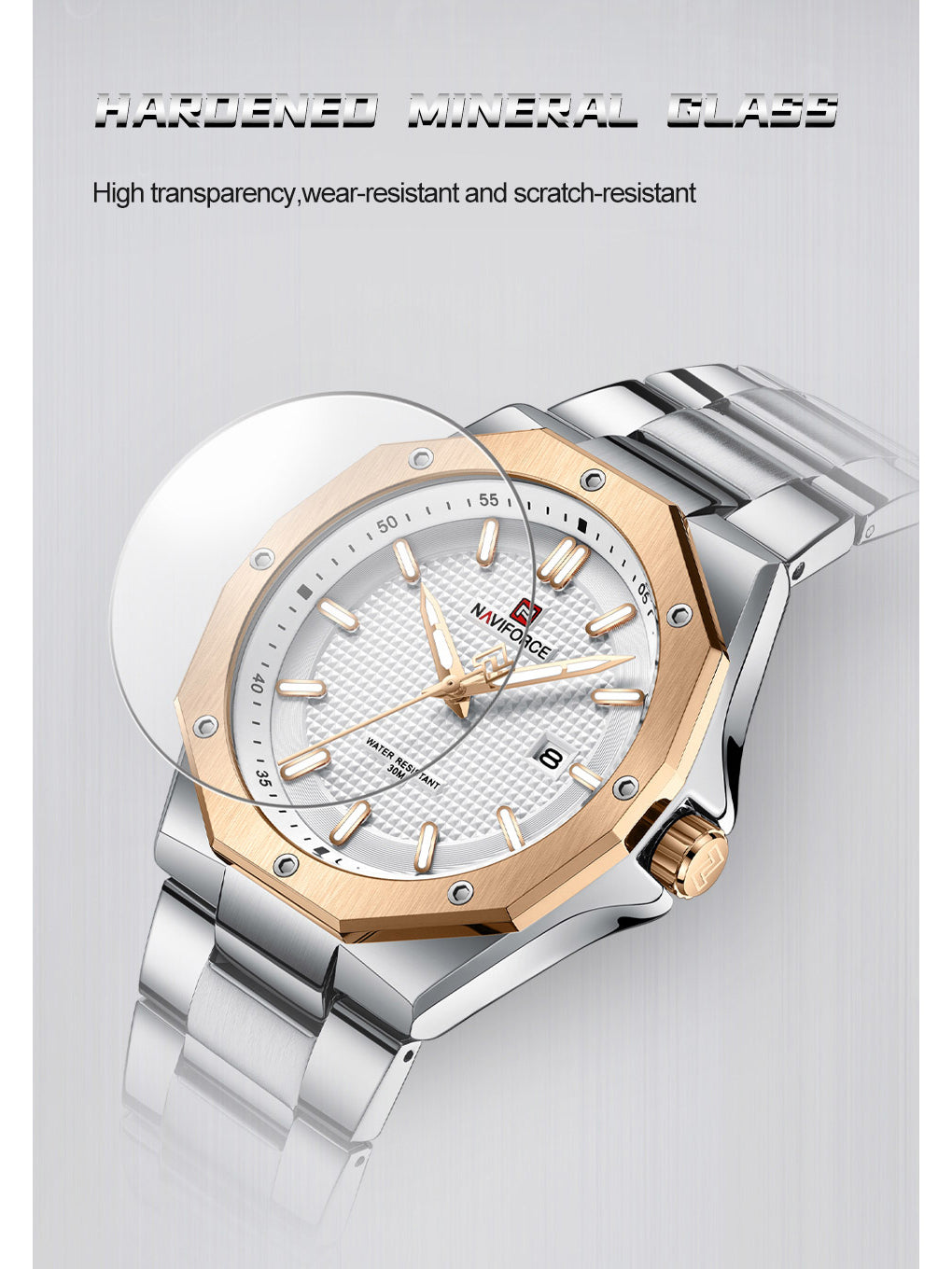 NF9200 Silver RoseGold analog with date watch for mens-NAVIFORCE